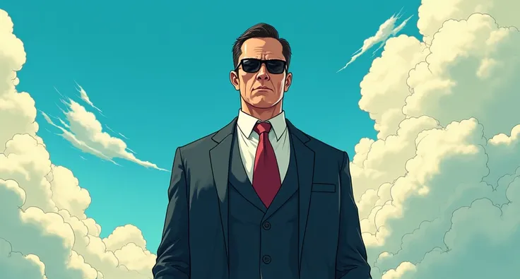 businessman from the gta game, standing in front of a bright cloudy sky ,  manga wallpaper Kentaro Miura manga style , anime portrait 