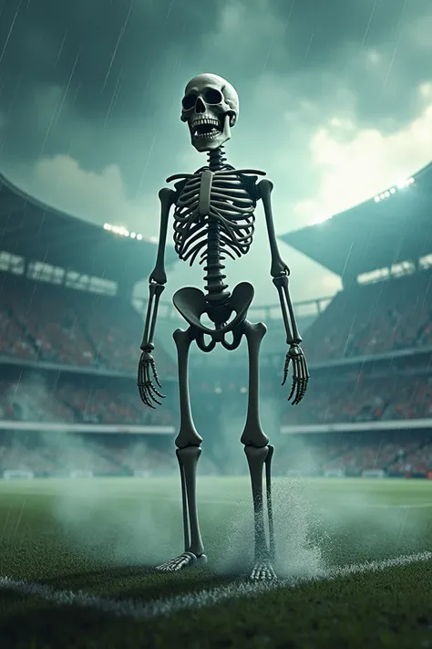 Skeleton smiling with hurricane on the side, inside a football stadium