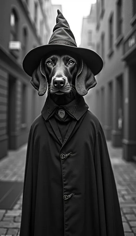 Pretty realistic Vizsla in Harry Potter costume in Peaky Blinders style as a coloring page in black and white