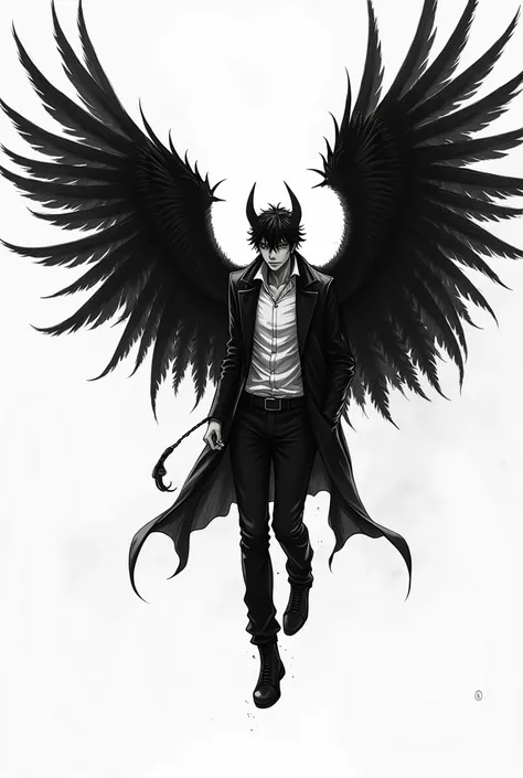   a black and white drawing of a man with flying wings,  vector art inspired by Iwao Takamoto  ,   trending on Pixabay  , Digital Art,  black and white vector art , winged human, black wings instead of arms , Arte HD, HD Vector Art, Devilman wild full body...