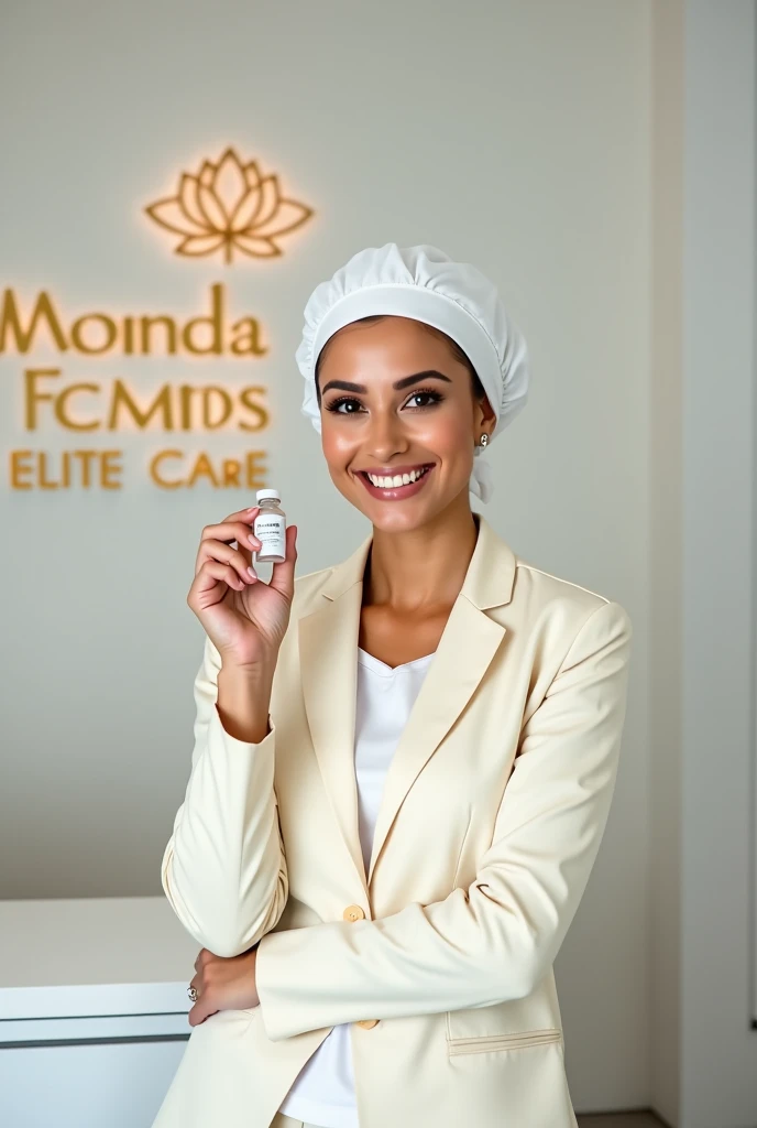 A 8k photo of a happy esthetician Brazilian woman with a cream jacket and a white surgical cap posing for a photo. She is holding a medication vial. The background is a minimalistic aesthetic clinic. The wall has the slogan "MORGANA RAMOS ELITE CARE" in go...