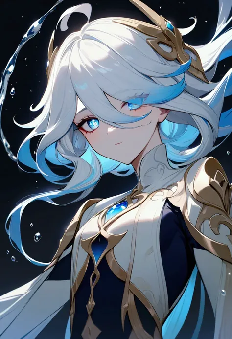 Focalors from genshin impact with bright shining hair and blue eyes with water droplet shaped pupils (one eyes darker than the other) and dark background