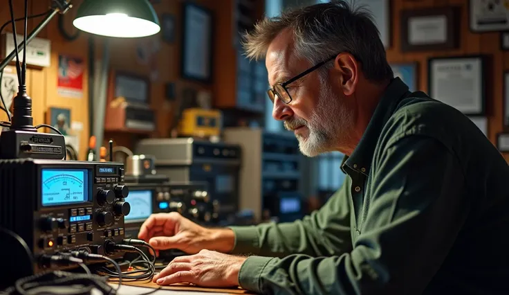 Man operating his amateur radio