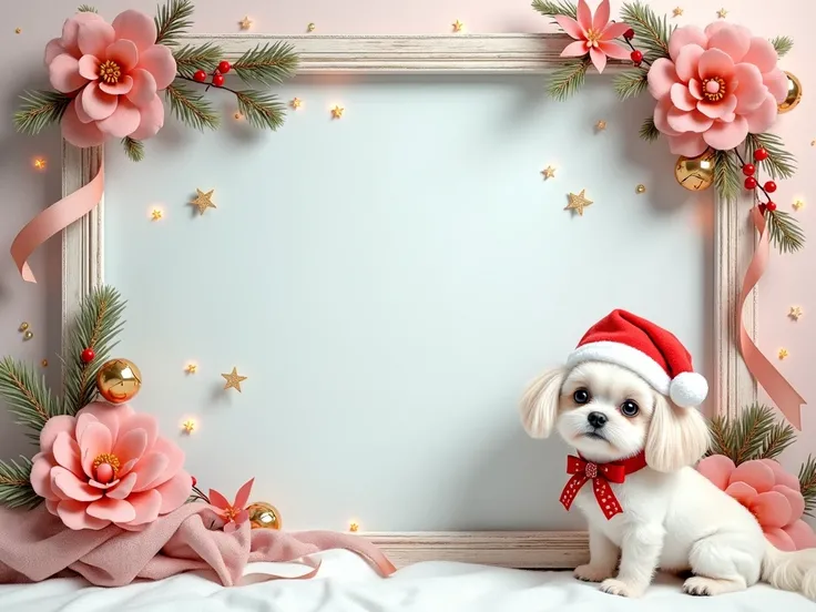  A charming and festive design in pastel shades of pink and light blue ,  with an ornate frame in style in a style filled with soft floral details and Christmas elements, like small golden bells , pine branches,  and delicate red and gold ribbons .  In the...