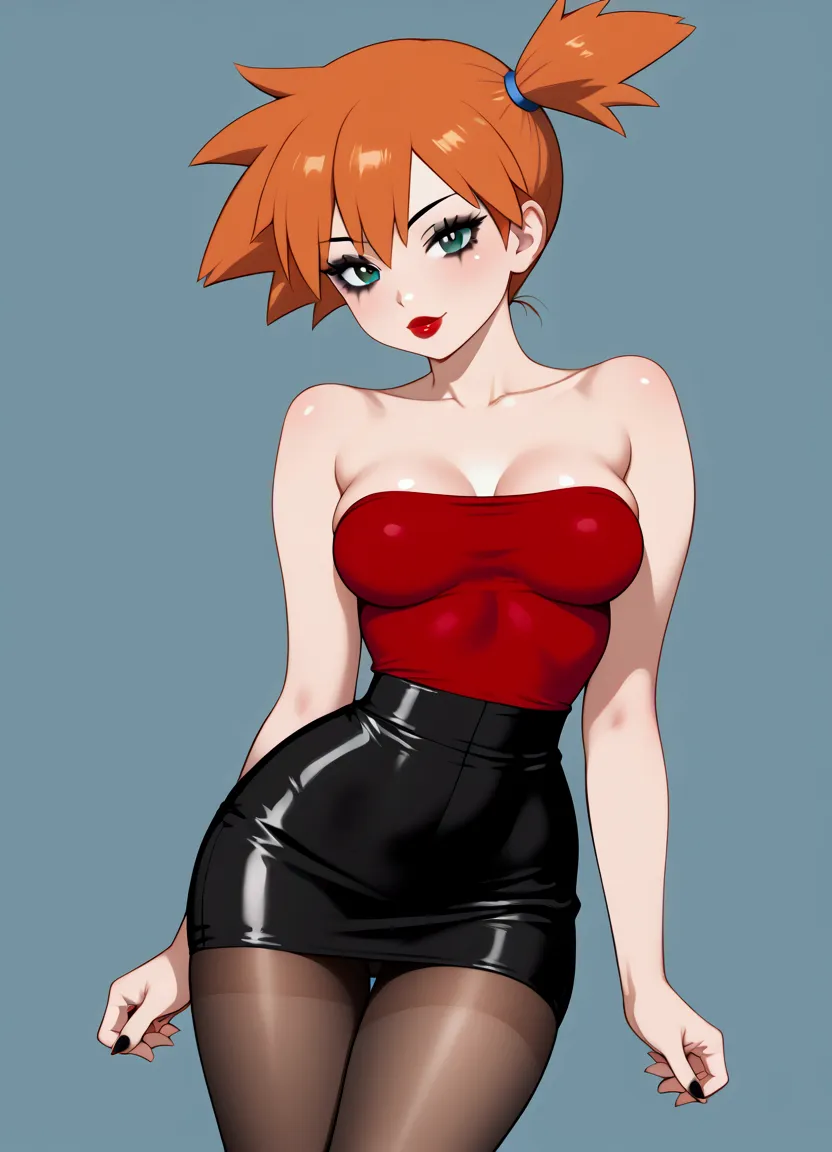 evil, cruel, misty from pokémon, tight mini skirt and pantyhose, sexy perfect breasts, seductive dark make-up, red lipstick, bla...