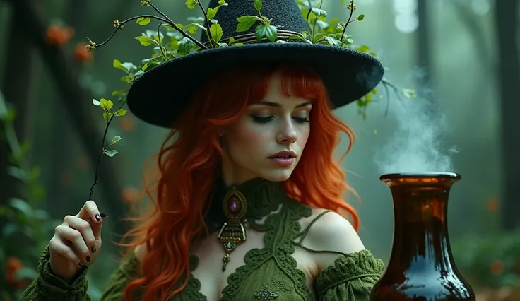 woman redhead haircut pot and French hat brews potions on her head she is like ivy, the Lord of the Plants dark fanstasy 1980s screenshots dvd old retro cinema filter old fantasy 