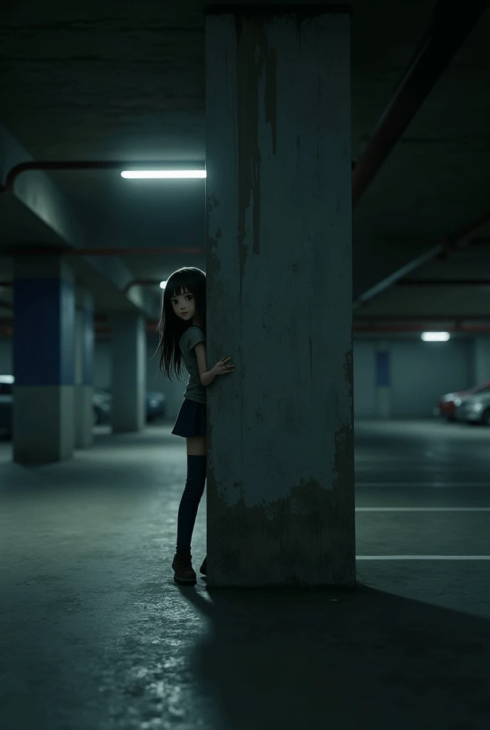 1 girl in an underground parking lot, the girl leaned out from behind a pillar, inside the dark parking lot,