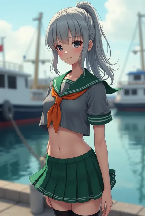 photo realistic, 1 girl, silver hair, dark eyes, ponytail, green skirt, pleats skirt, gray sailor uniform, short sailor uniform, orange tie, navel baring, black stockings, standing, harbor,