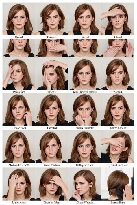 photo of a detailed character sheetof single consistent character in 9x9 grid layout, each square showing the character with a different facial expression. The character is a young Emma Watson with mid-length brown hair, wearing casual modern clothing. Eac...