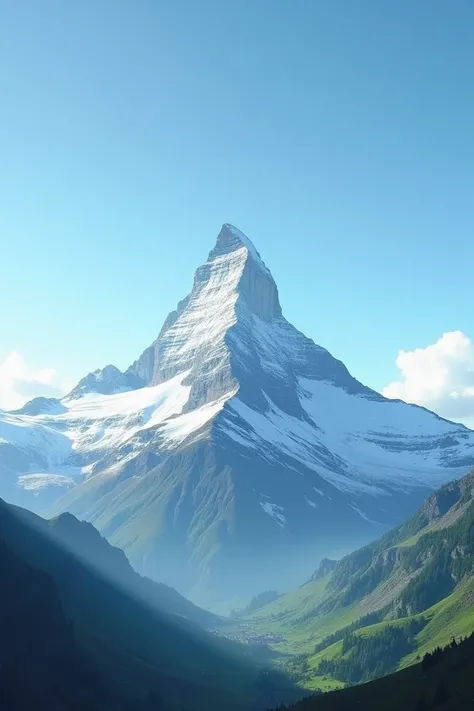  Very tall conical mountain with snow from the middle up,  near the summit it has an oval space without snow , In the background there is a blue sky ,  at the base there is a green valley 