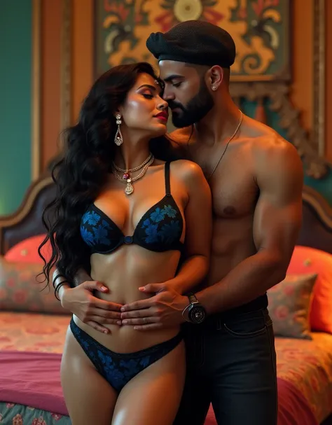 A captivating and romantic scene of a mature, curvy Indian woman standing elegantly in a beautifully decorated bedroom. She is dressed in an alluring attire, featuring a stunning blue transparent panty and a half-cut black transparent bra. Her long, dark h...