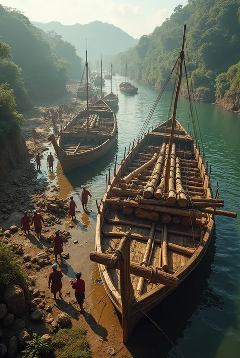 realistic close-up photo from above, Indonesian Sundanese people from the ancient Majapahit era are building a large fleet of jong majapahit warships with logs of giant teak trees, on the edge of the ancient port of the coast