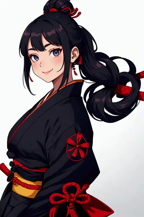 solo,face,upper_body,white_background,simple_background,1girl,topknot
,looking_at_viewer,black_eyes,japanese_clothes,smile,samurai,