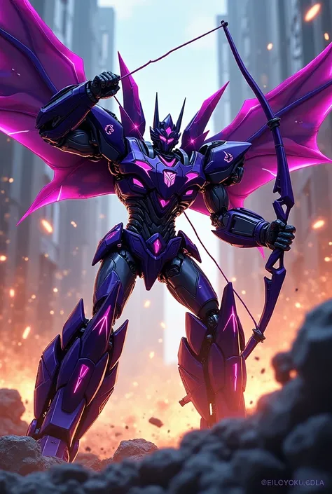 Comic book style skinny Purple and black transformer with leds and the mechanical wings on the back in the middle of battle using a bow