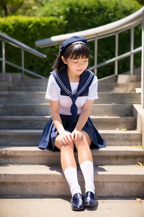 1girl, solo, 21 y o, beautiful girl, high school girl, wearing navy blue sailor uniform, outdoors, large staircase at the entrance to the auditorium, sitting on the bottom step of the stairs, knees together, putting on brown loafer shoes, one shoe taken of...