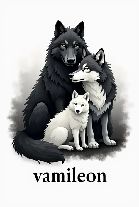 Logo of a wolf family with black and white fur, degraded from black to white, THAT AT THE BOTTOM IT SAYS "Vamileon "