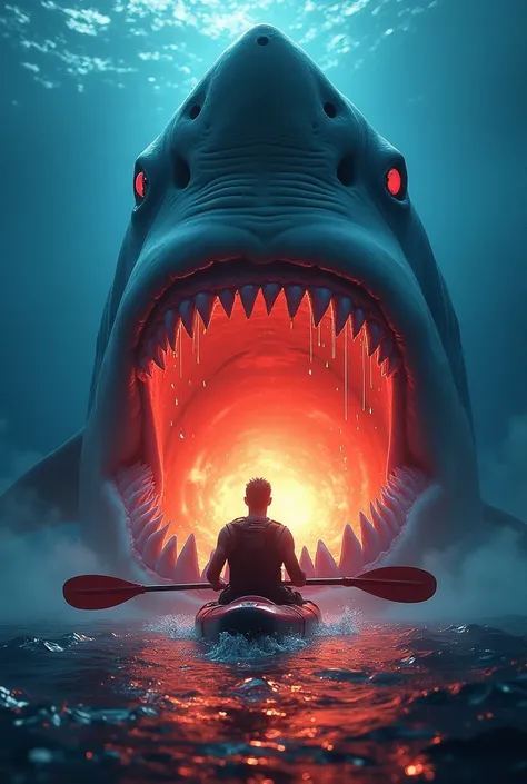 A kayaker kayaking into a giant open shark mouth, saliva dripping from the upper teeth, vibrant glow
