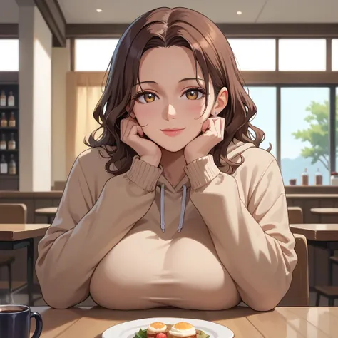 score_9,score_8_up,score_7_up,rating_explicit, source_anime,POV,rating_safe,
milf woman,(best quality),brown hair, wavy hair, (large breasts),cafe,looking at viewer,upper body,smile,head rest,sweatshirt,across table BREAK (view and skirt focus view),from b...