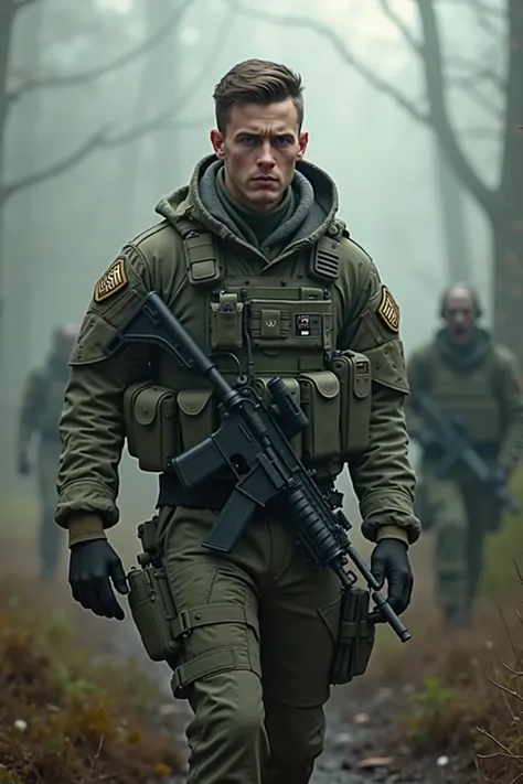 A handsome young US Soldier surviving in a zombie world, Modern Military gear 