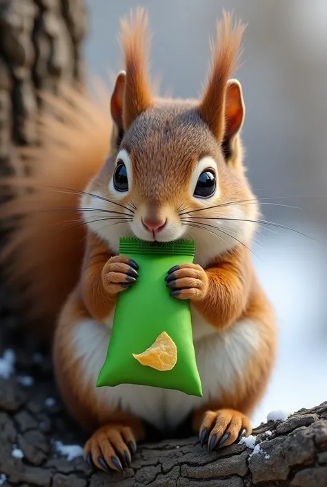 
winter, professional photo, cute fluffy funny squirrel sitting on a tree and eating chips from the green package, macro, hyper-detailed, close-up view, masterpiece, ultra realistic, professional photo