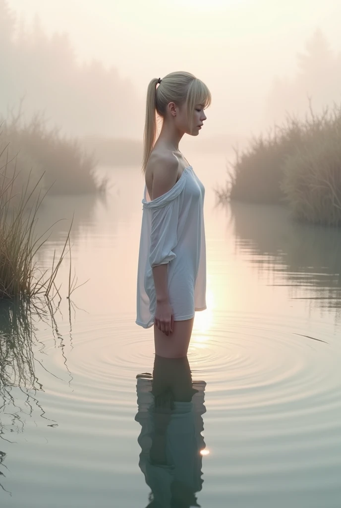 fog bushes 
Reeds pond 
Photo drawing of a pinkish morning
minimalistic
Lots of small details
Misty shimmering pastel

In the water stands a young straight girl with short blonde hair pinned into a ponytail, stands waist-deep in the water, shoulders expose...