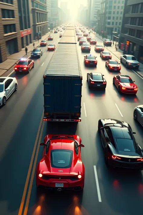 Mini video clip aerial view for the spectator police cars and helicopters chase a huge container truck with two cars, one sitting a red Ferrari and the other a black Mustang, 