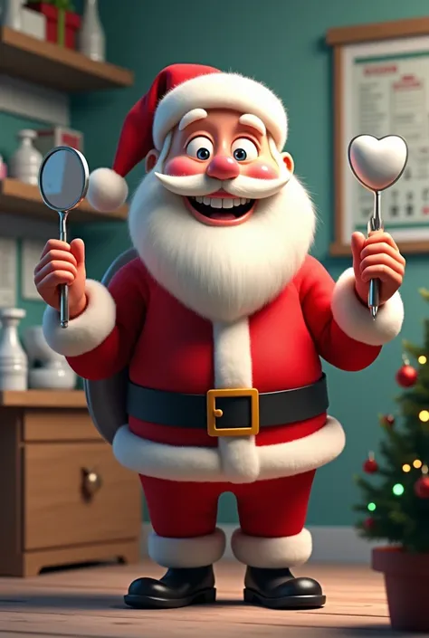 Santa Claus in the office ,  to show that he is an animated dentist,  with a periodontal probe and mirror 