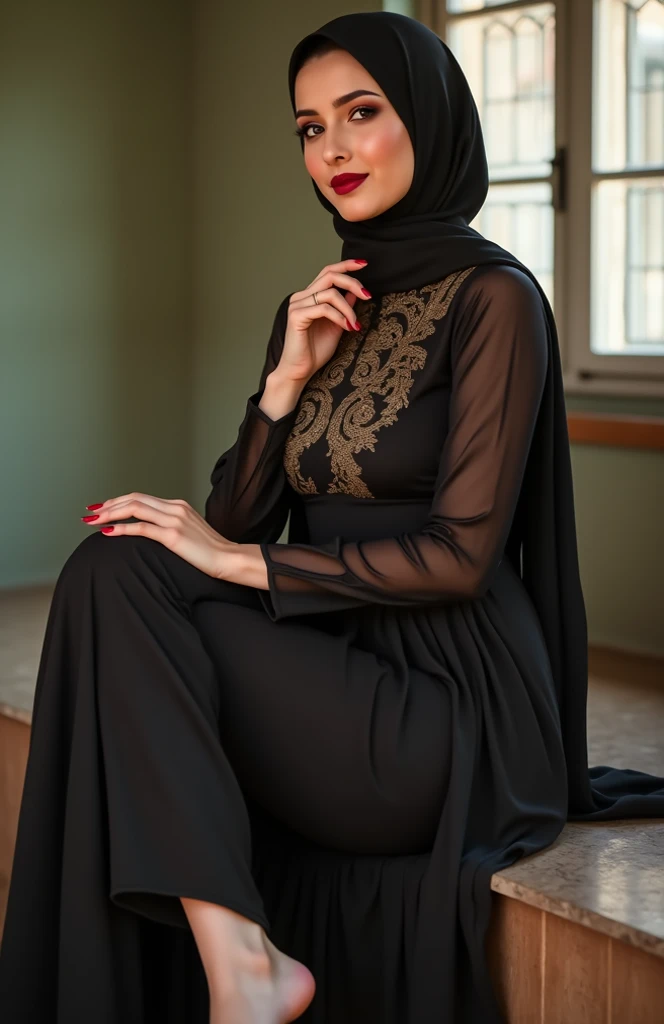 beautiful hijabi girl with bud breast, beautiful hijabi girl with
rock-hard hips, elegant, coquettish, village girl, erotically
posed, provocative looking, flirty smiling beautiful girl (high
resolution 4k) with long and think red transparan dress