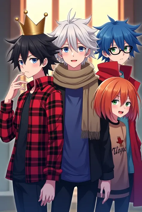 Fourth boy, the first has black hair, blue eyes, red and black plaid open shirt and crown on his head, the second has white hair, green eyes and wears a scarf and a blue shirt, the third has orange hair, blue eyes, wears a red coat, the fourth has blue hai...