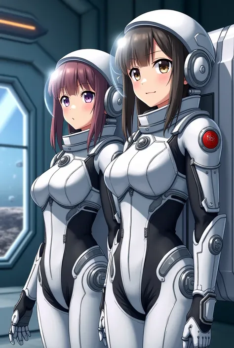 masterpiece, Highest quality, high resolution, newest, 2girls, friends, (group shot):5, (upper body):5, kyoto animation style, detailed, BREAK lunar base interior and exterior, moon surface exploration, lunar landscape, BREAK (white and black mechanical sp...