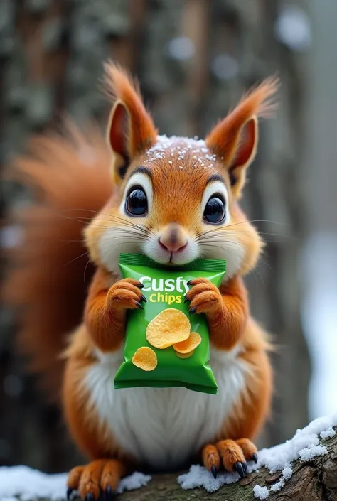 
winter, professional photo, cute fluffy funny squirrel sitting on a tree and eating chips from the green package, macro, hyper-detailed, close-up view, masterpiece, ultra realistic, professional photo