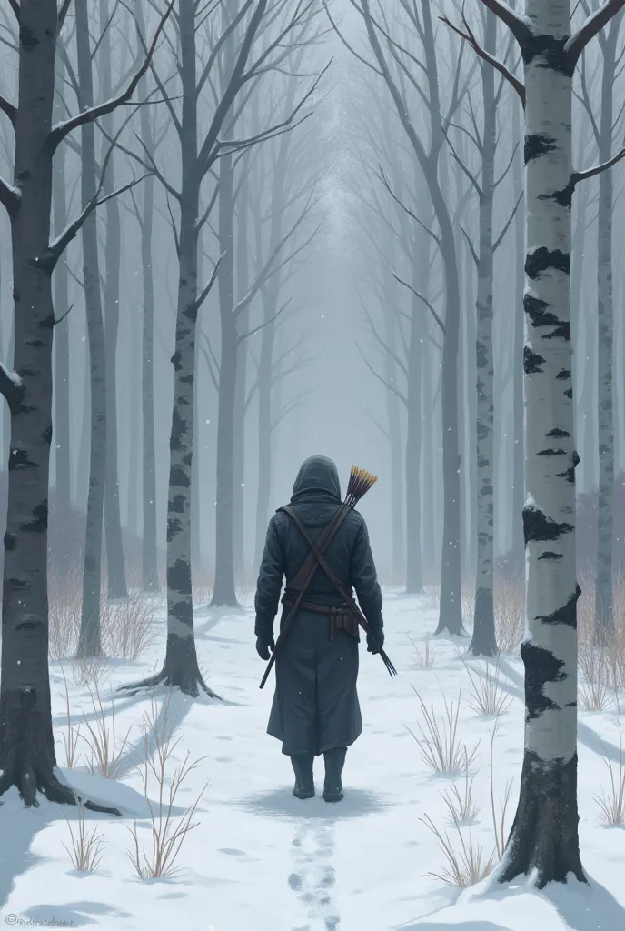 digital painting depicting a solitary figure walking through a snow-covered forest. the style is realistic with a muted color pa...