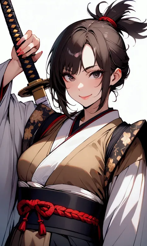 solo,face,upper_body,white_background,simple_background,1woman,mature_woman,topknot
,looking_at_viewer,black_eyes,japanese_clothes,smile,samurai,katana,