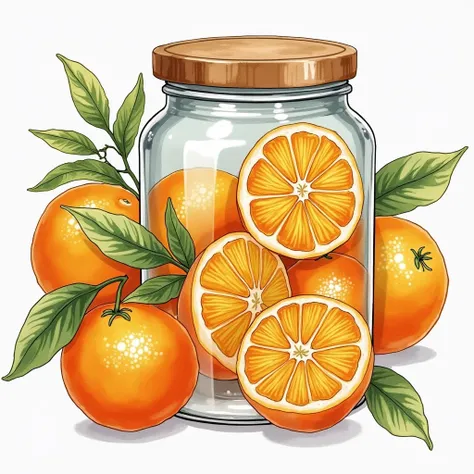 Create a vibrant illustration of a glass jar filled with fresh, juicy oranges. Surround the jar with several whole oranges and a halved orange, showcasing the bright orange flesh. Incorporate green leaves to add contrast and life to the composition. Use a ...