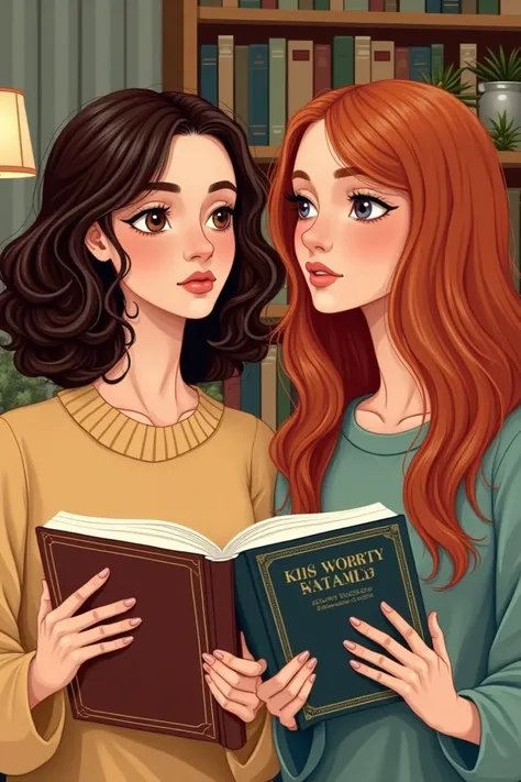 Illustration for Instagram profile of two women with books,  one of the women is white and has curly brown hair and the other woman is white with straight red hair