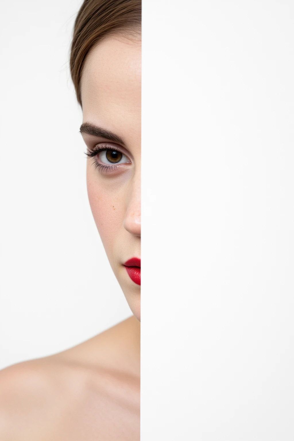 A captivating minimalist portrait of a shy and alluring Emma Watson. The left half of her face is visible, with her delicate features seamlessly merging into a blank canvas of white. Her soft, bright red lips contrast against the monochromatic background, ...