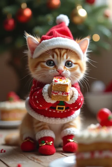 Cute kitten with Christmas clothes eating cake