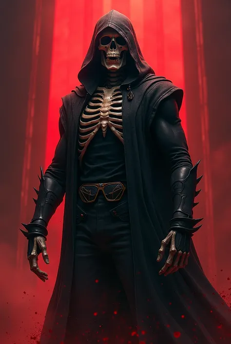  Create an image of a skeleton with a hood and a background of rays and blood. Another characteristic of the skeleton is to be muscular., have a pose and have an accessory  ( glasses, black shirt )