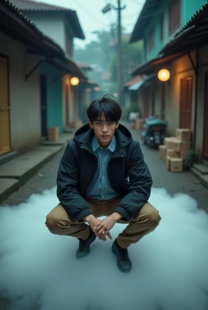 Japanese man, 20 years old, neat windblown hairstyle, thin body, thin face,The black parachute jacket was blown by the wind,A light blue formal shirt as the undergarment,Formal trousers in beige brown,Black sports shoes,Posing slightly squatting on top of ...