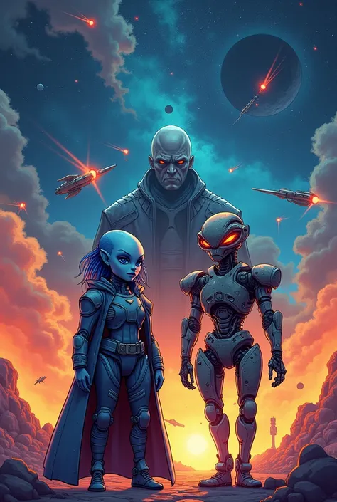 Create a dynamic science fiction movie poster in the style of cartoonist John Alvin. The main character is a blue-haired alien with no weapon, standing confidently in the foreground. Beside him, a humanoid robot with a cyberpunk style and an old, worn appe...