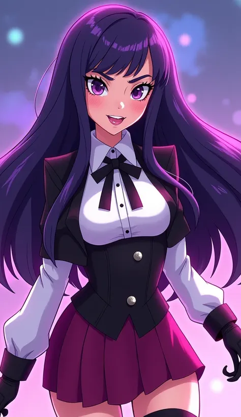 (Zatanna from DC Super Hero Girls 2019), (long purple hair), (straight purple hair), (sparkly purple hair), (magical purple hair) (Dark purple), (Zatanna is a beautiful teenage girl with fair skin and a distinctive hourglass figure), (thick light indigo ha...