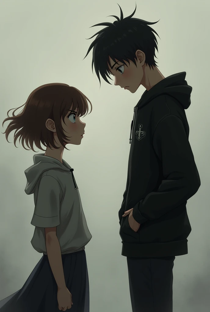  A boy with disheveled black hair ,  in a black jacket and black shirt ,  black sons gives a silent signal to a shorter brown girl than the one who looks at him with fear, Simirealism 