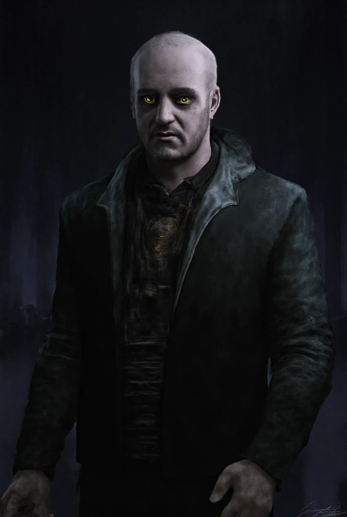 A witcher with very short hair with witcher eyes and add medallion on his neck.