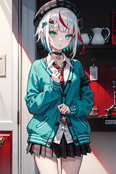 best quality, masterpiece, 1girl, solo,  red gradient streaked hair, short hair, white hair, lily (wacca), black beret, plaid skirt, choker, cyan sweater jacket, collared shirt, black plaid necktie, sleeves past fingers, blunt bangs