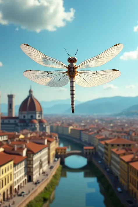 Craft a image of a white Dragon fly over the city of Florence 