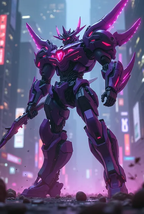 Tall skinny Purple and black jet transformer with leds and the mechanical wings on the back in the middle of battle using a bow. A cybernetic night city in the background 