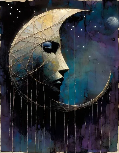 broken moon, sewn with thread, sad, dark, art inspired by Bill Sienkiewicz and Dave McKean
