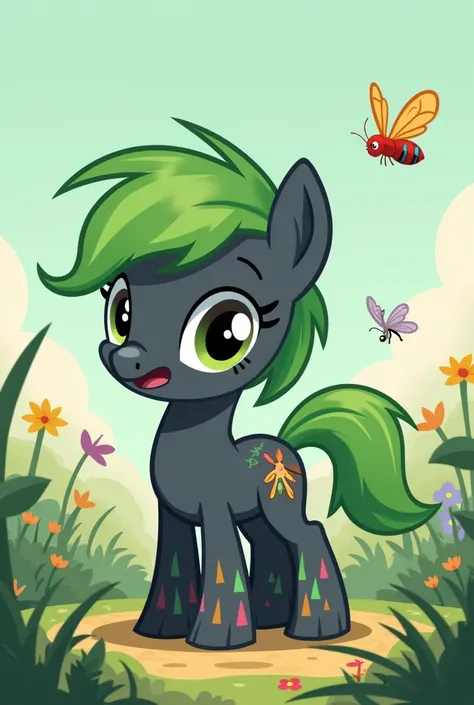 Mlp oc whos a bug collector with dark gray and green colors and simple patterns in a cartoon style
