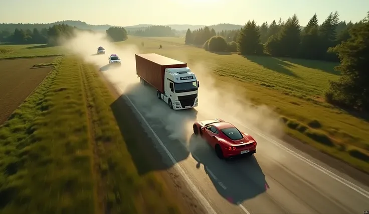  Mini video clip aerial view for the spectator distant from the city , Where there are only trees and farms,  police cars and helicopters chase a huge container truck with two cars one sitting a red Ferrari and the other a black Mustang, Police chasing the...