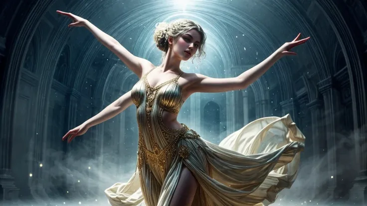 "A reinterpretation of La Danseuse de Delphi envisions a mystical scene where the dancer twirls amidst floating orbs of soft light. The dancers attire blends neoclassical elements with a touch of futuristic flair, creating a unique and captivating visual. ...